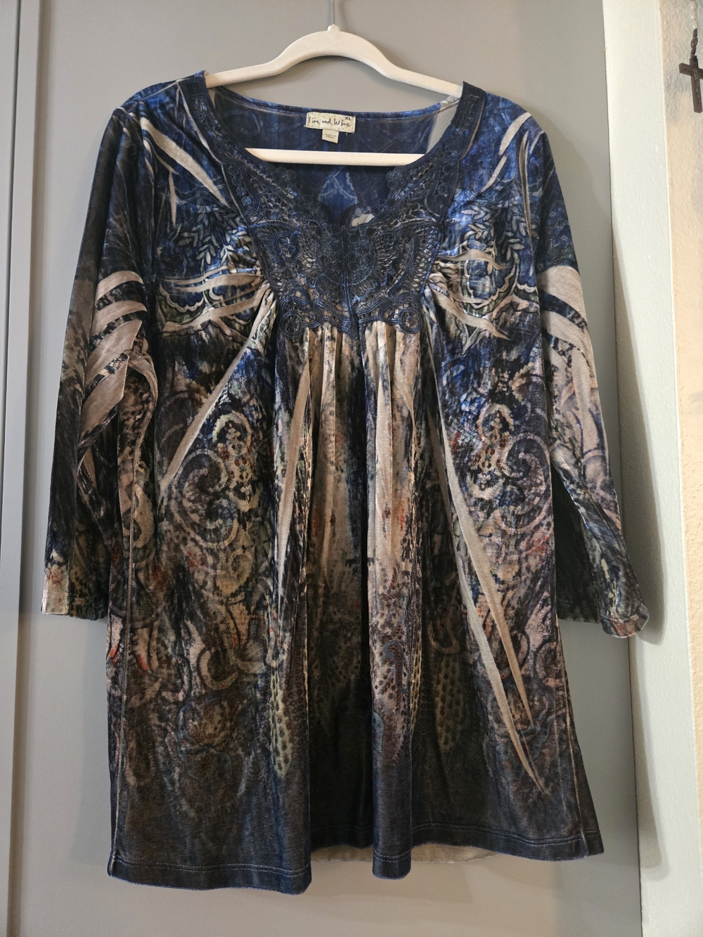 live and let live Blue and Cream Embroidered Label Top